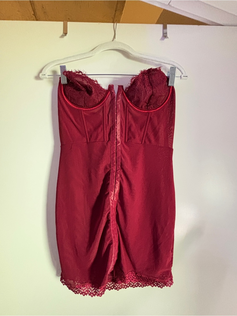 Current Mood Burgundy Lace-Trim Strapless Bustier Slip Dress